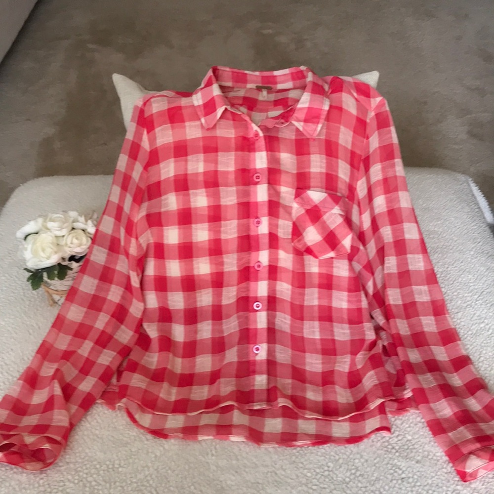 Free People Pink and Cream Plaid Button-Up Blouse